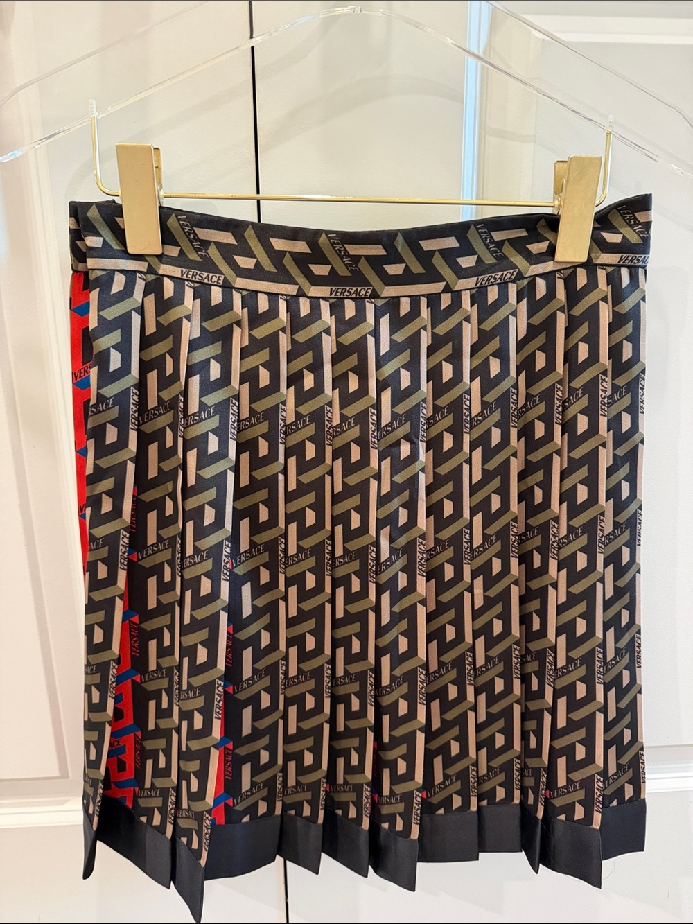 Versace Black, Tan & Red Logo Pleated Skirt